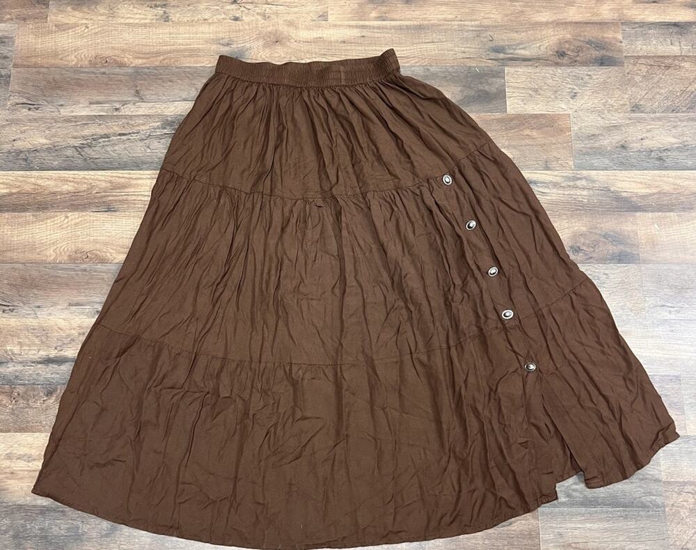 Crazy Cowgirl Brown Tiered Maxi Skirt Women L Western Boho Concho Button Prairie